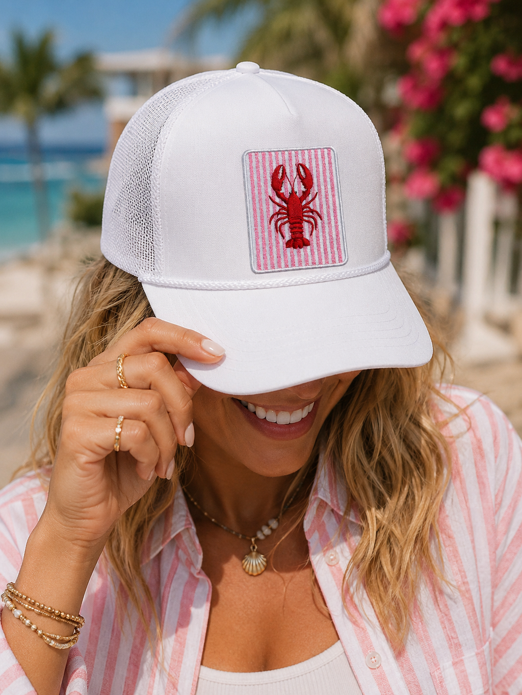Pink Striped Lobster Summer Embroidery Patch