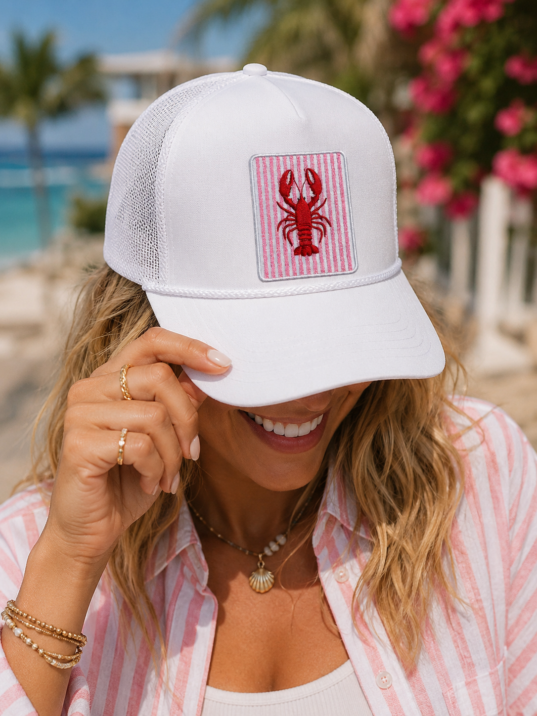Pink Striped Lobster Summer Embroidery Patch