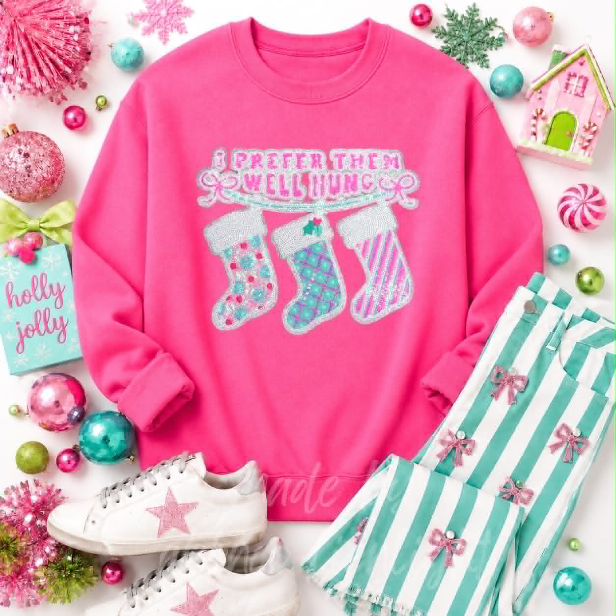 I Prefer Them Well Hung Stockings Christmas Sequin Patch Sweatshirt