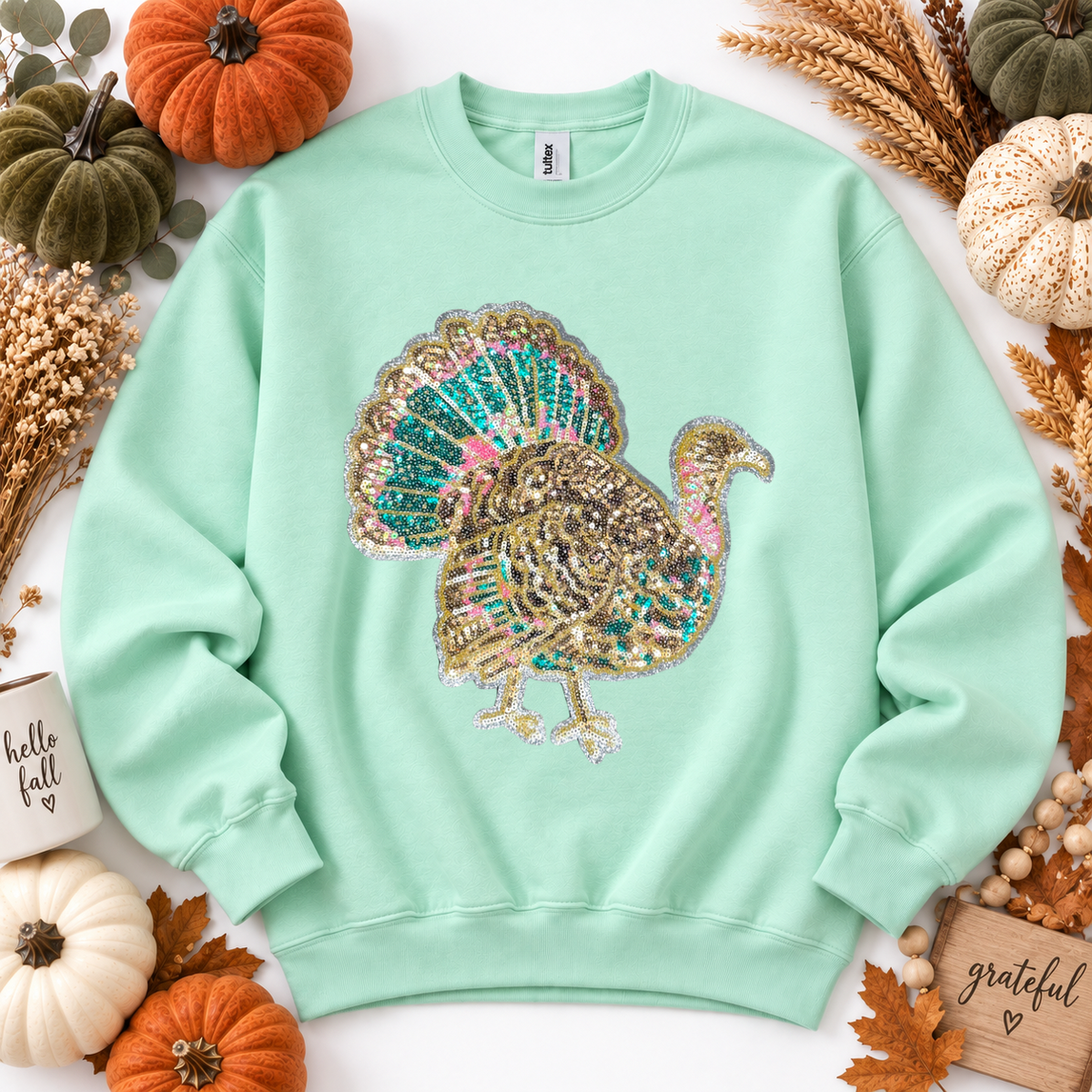 Colorful Turkey Thanksgiving Fall Sequin Patch Full Length Sweatshirt