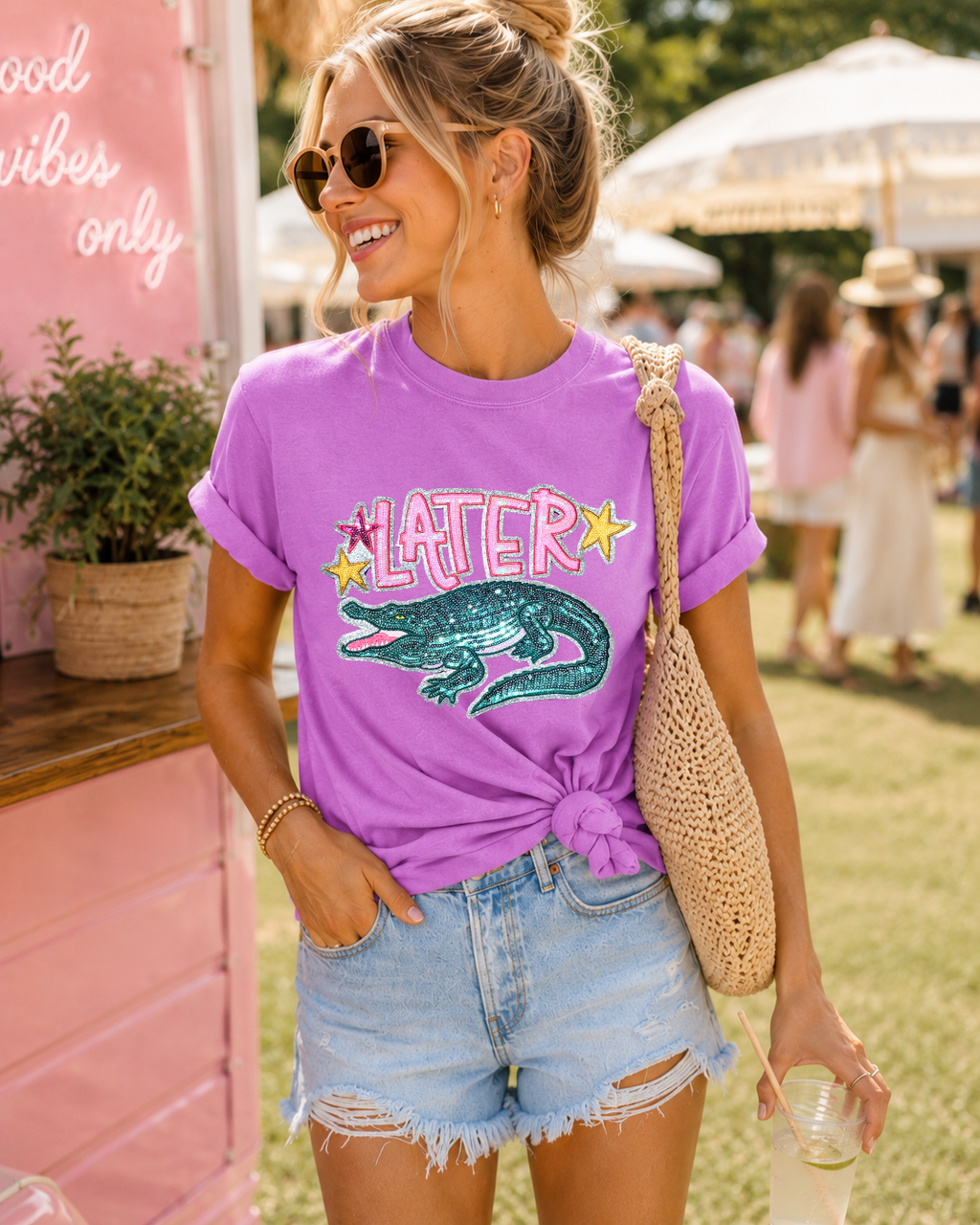 Later Gator After While Crocodile Summer Sequin Patch Tshirt