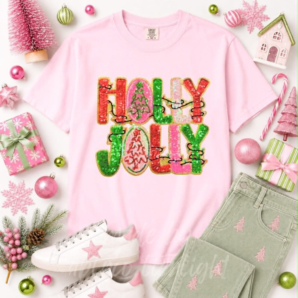 Holly Jolly Christmas Lights Christmas Sequin Patch Tshirt