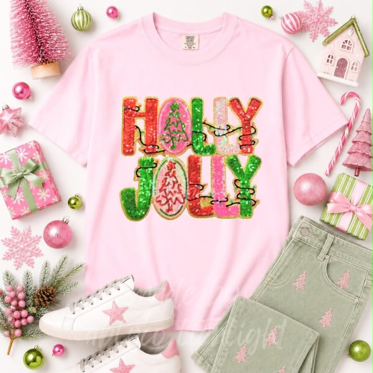 Holly Jolly Christmas Lights Christmas Sequin Patch Tshirt