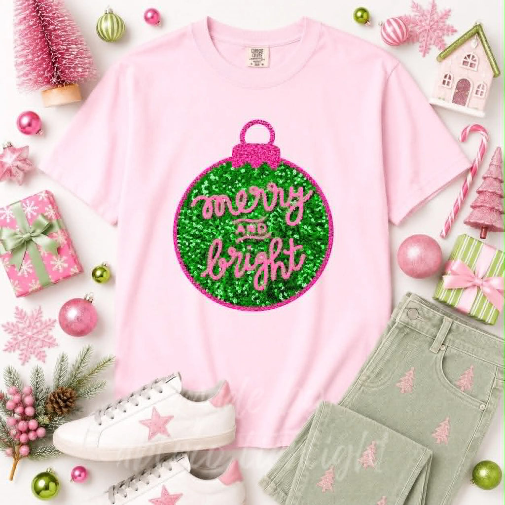 Merry & Bright Ornament Christmas Sequin Patch Tshirt