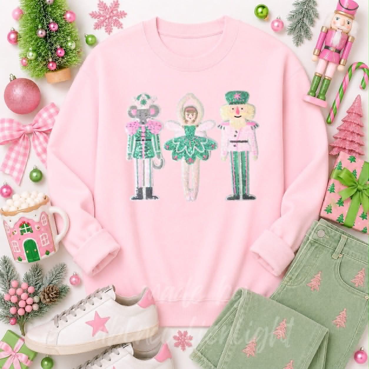 Nutcracker Ballerina Trio Christmas Sequin Patch Sweatshirt