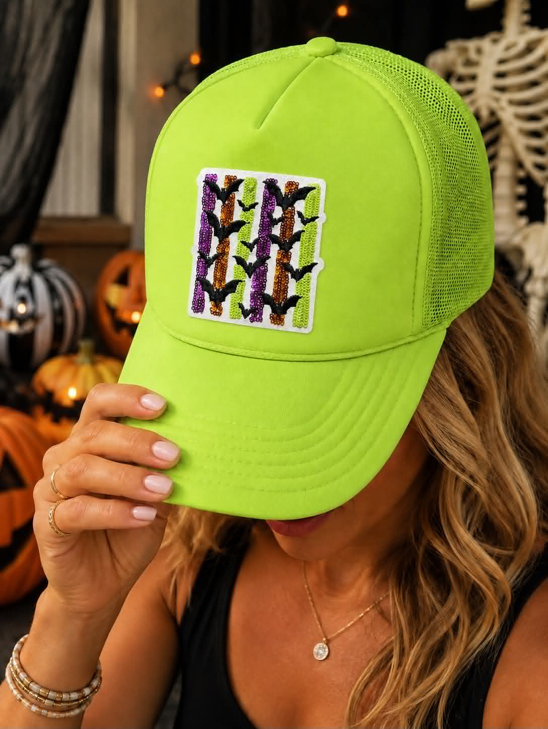 Colorful Striped Bats Halloween Sequin Patch Otto Trucker Hat