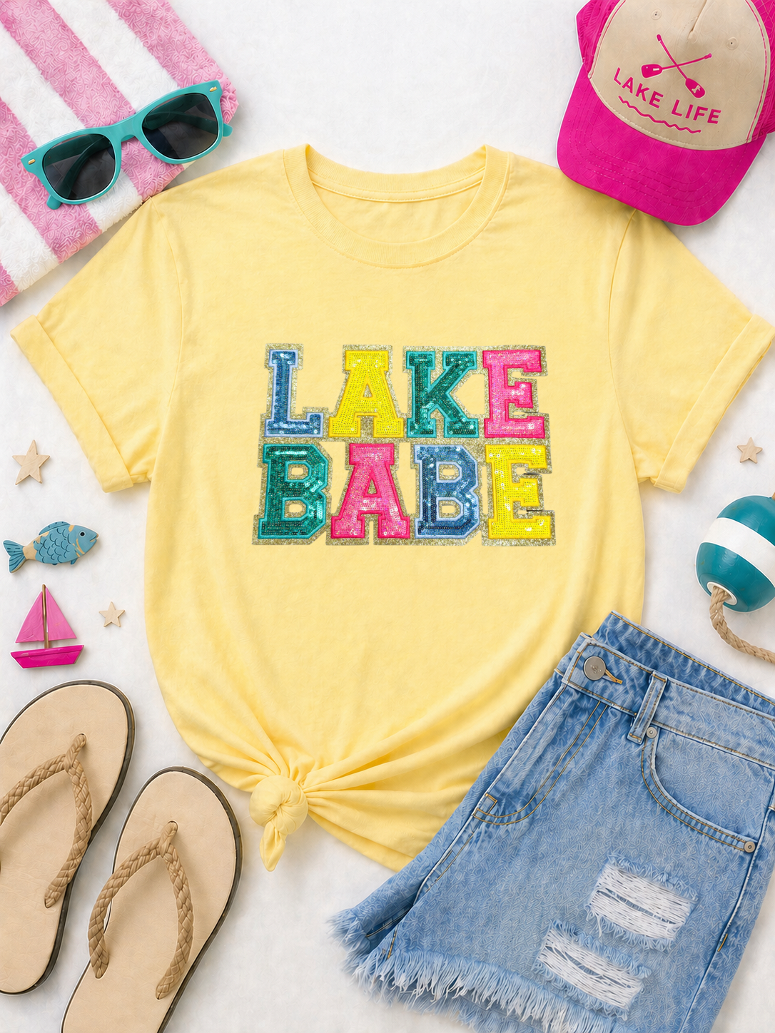 Colorful Lake Babe Summer Sequin Patch Tshirt