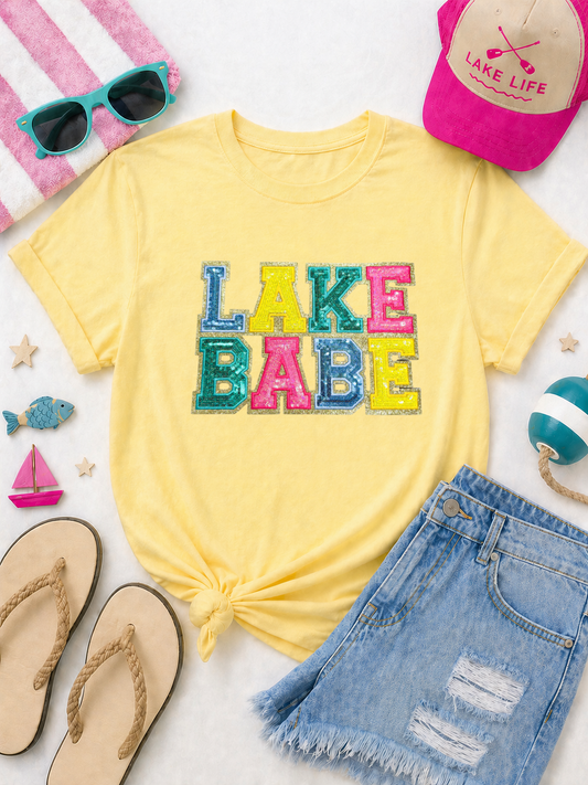 Colorful Lake Babe Summer Sequin Patch Tshirt