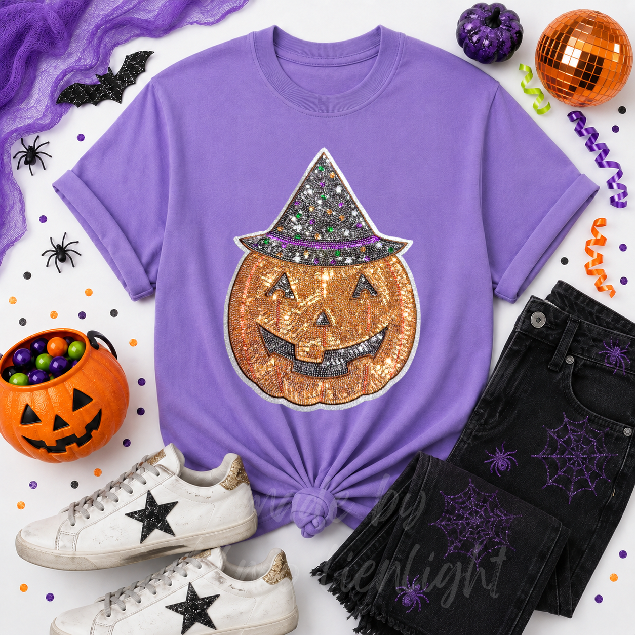 Witchy Pumpkin Halloween Sequin Patch Tshirt