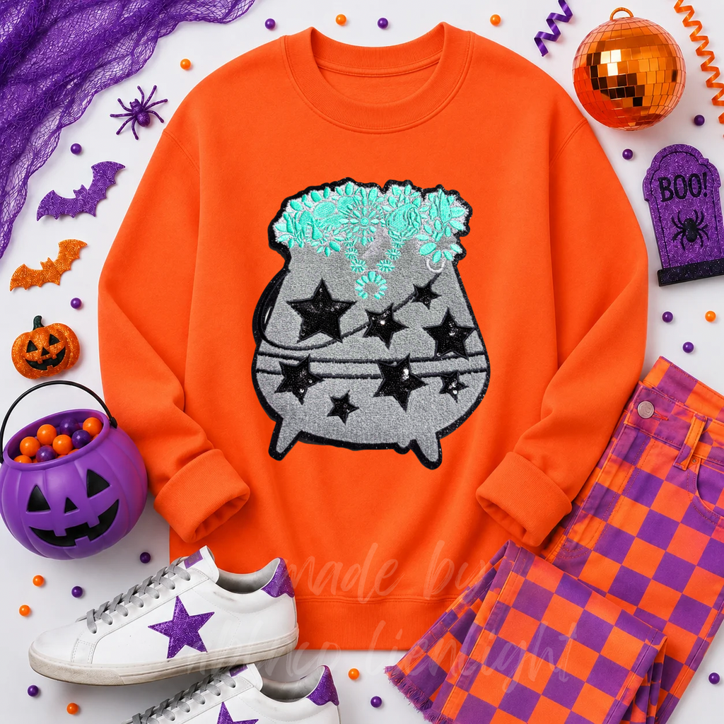 Turquoise Cauldron Halloween Sequin Patch Sweatshirt