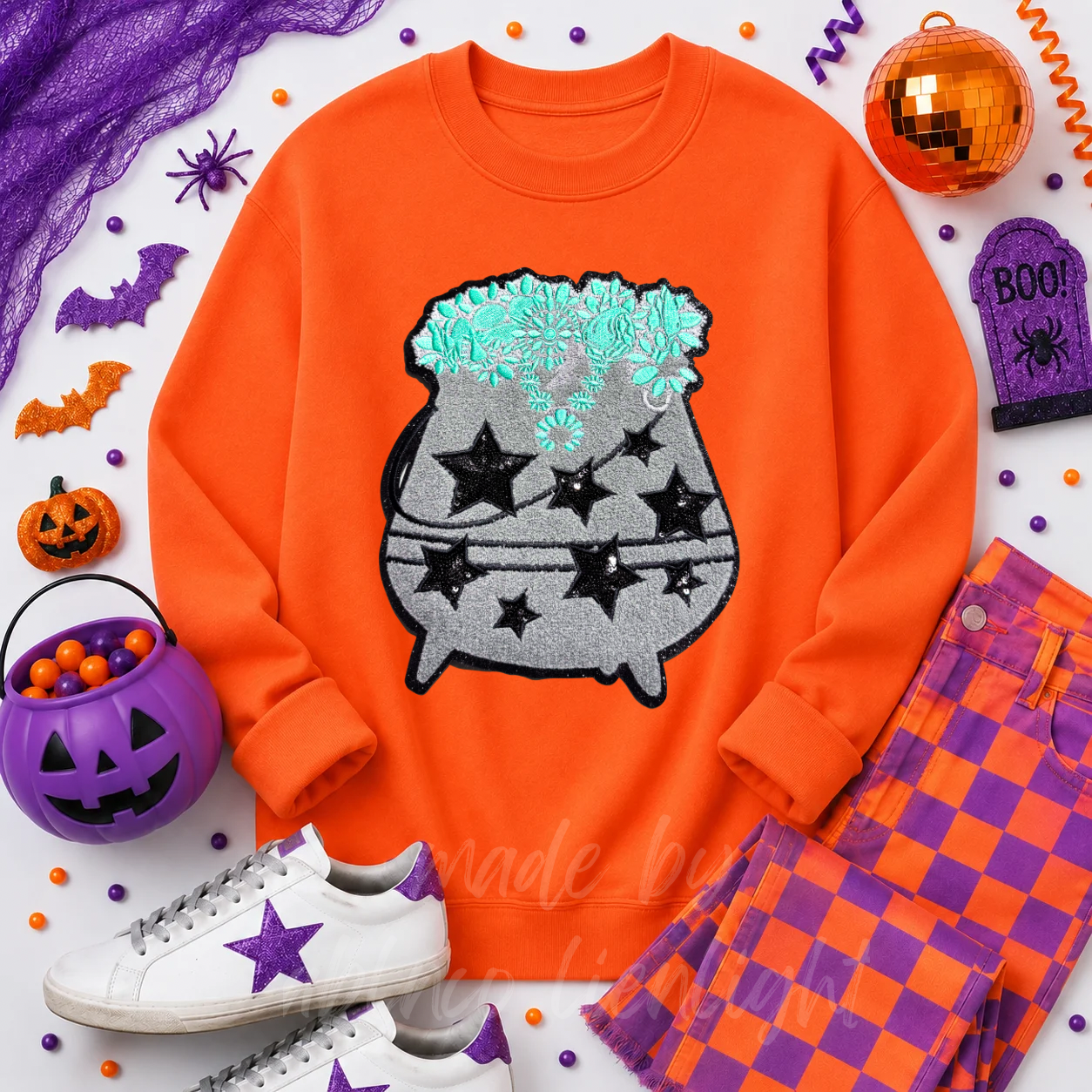 Turquoise Cauldron Halloween Sequin Patch Sweatshirt