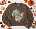 Colorful Turkey Thanksgiving Fall Sequin Patch Mid Length Sweatshirt