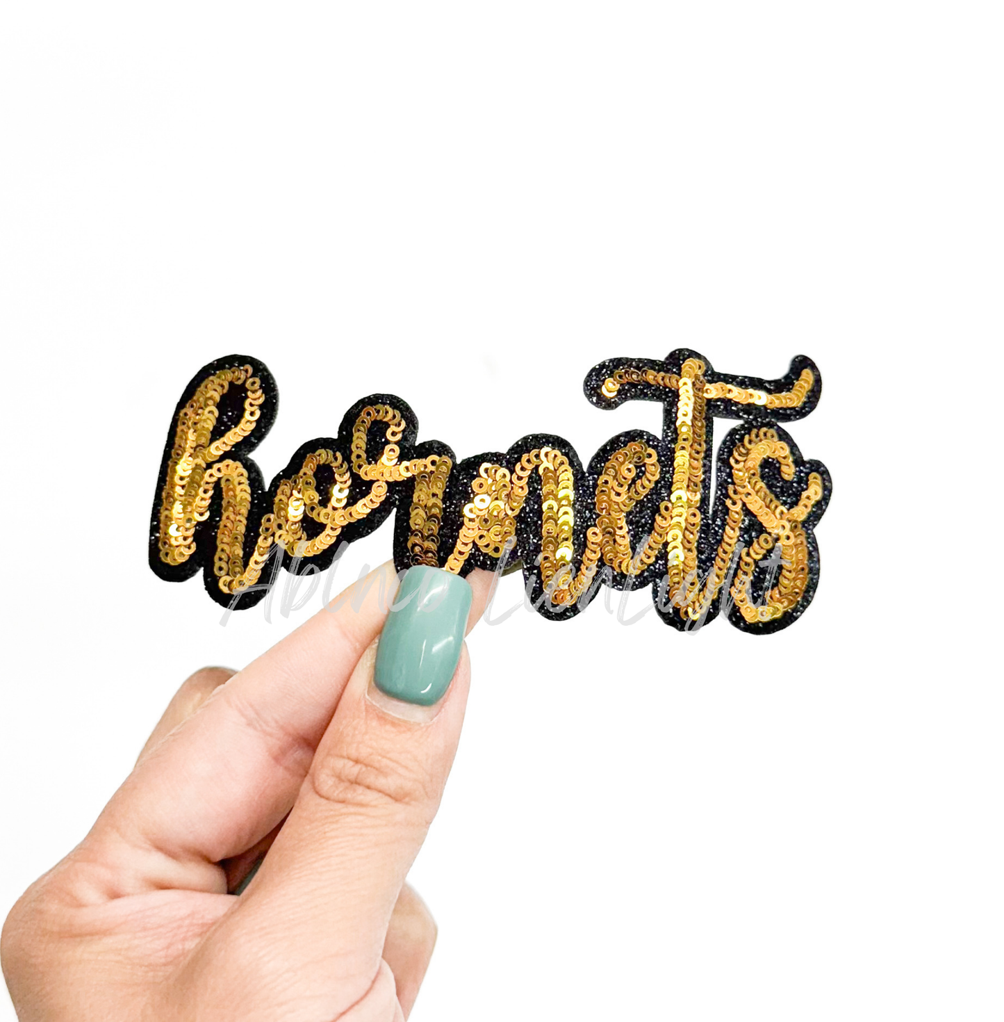 Gold Hornets Mascot Script Letter Sequin Patch - Small