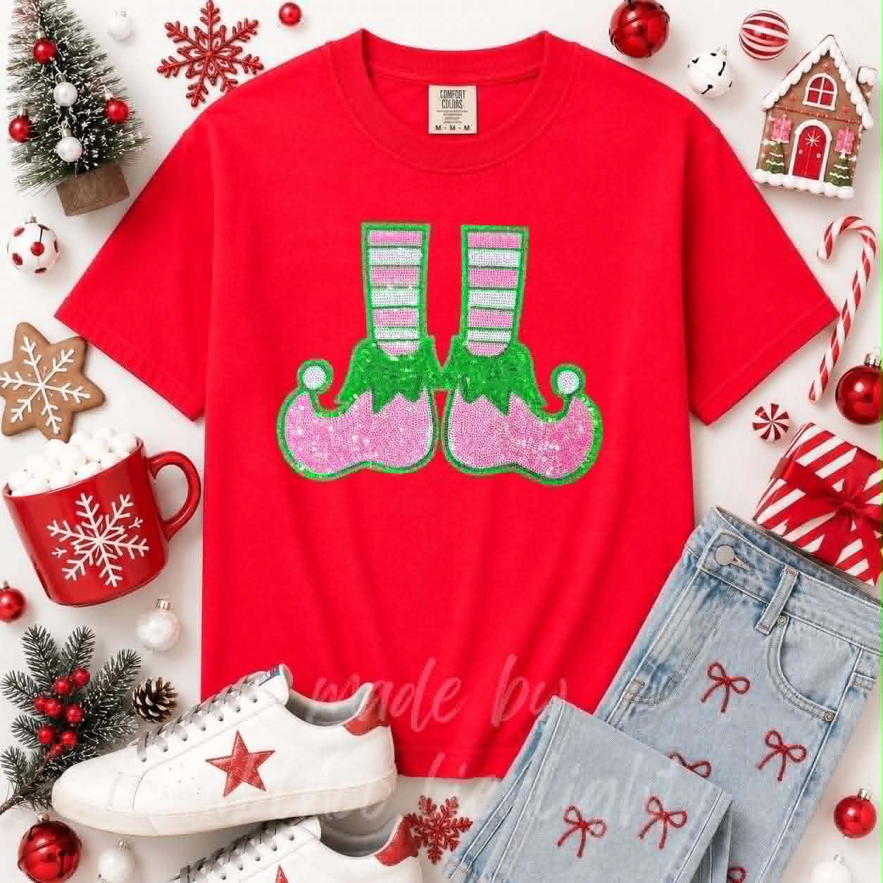 Elf Shoes Christmas Sequin Patch Tshirt