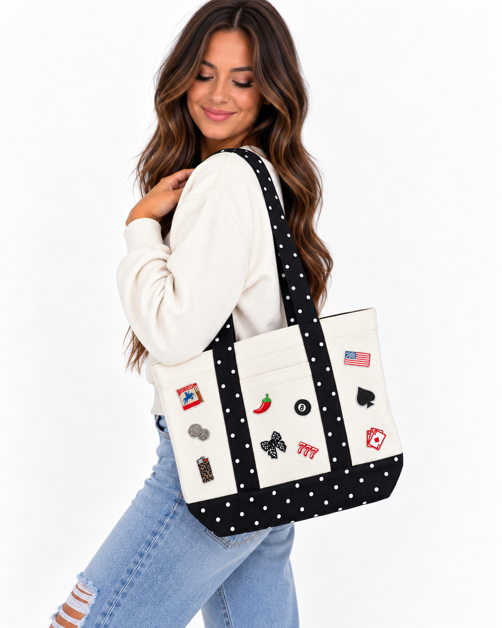 Black Polka Dot Canvas Large Tote Bag