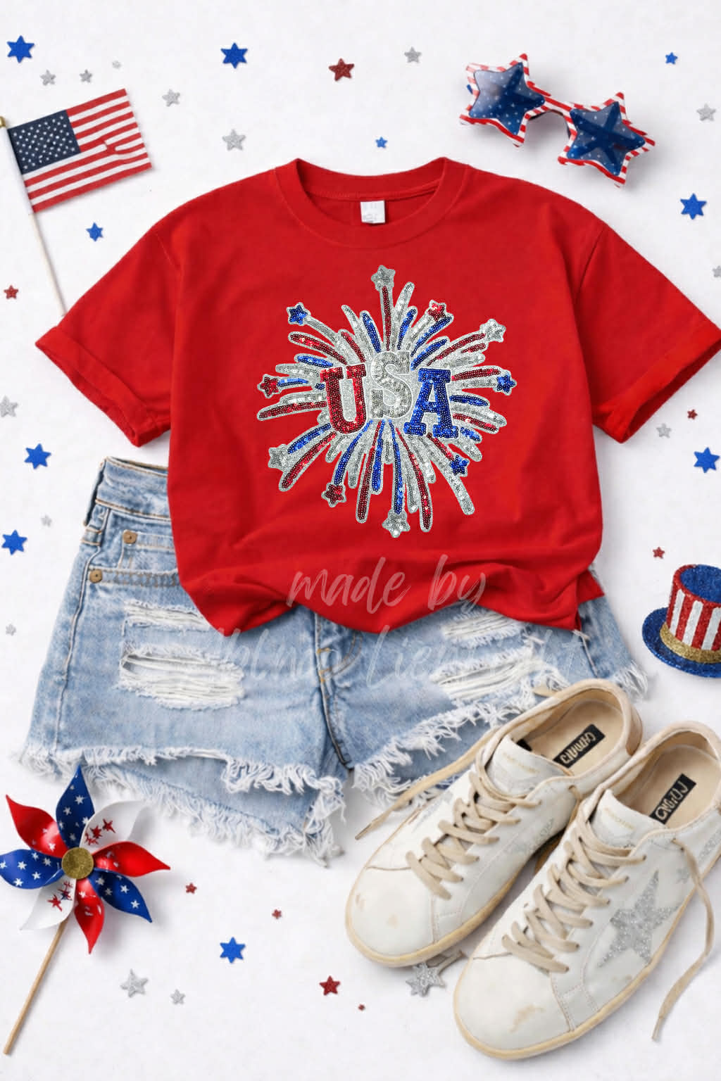 USA 4th of July Fireworks Sequin Patch Tshirt