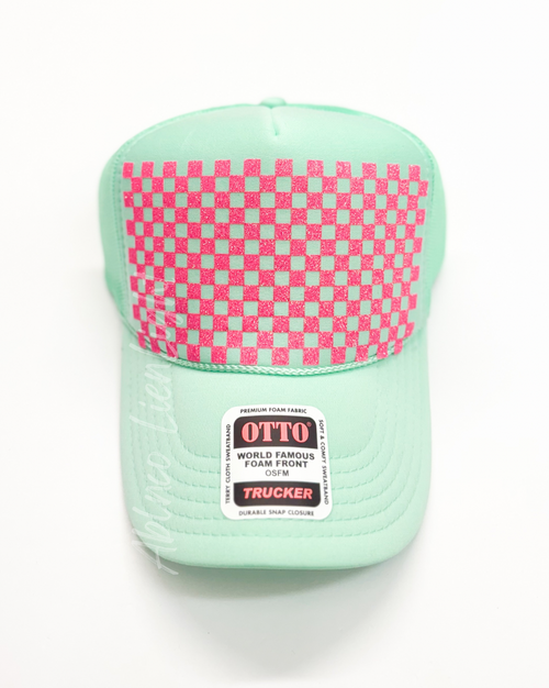 Checkered HTV Glitter Trucker Hat Background Transfer
