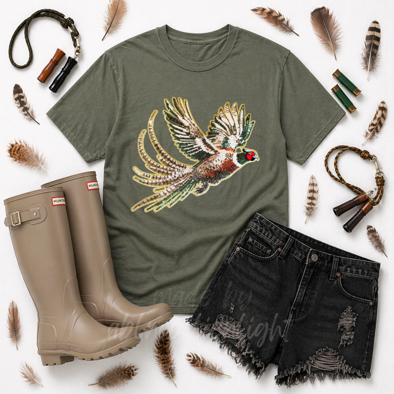 Pheasant Bird Hunting Sequin Patch Tshirt