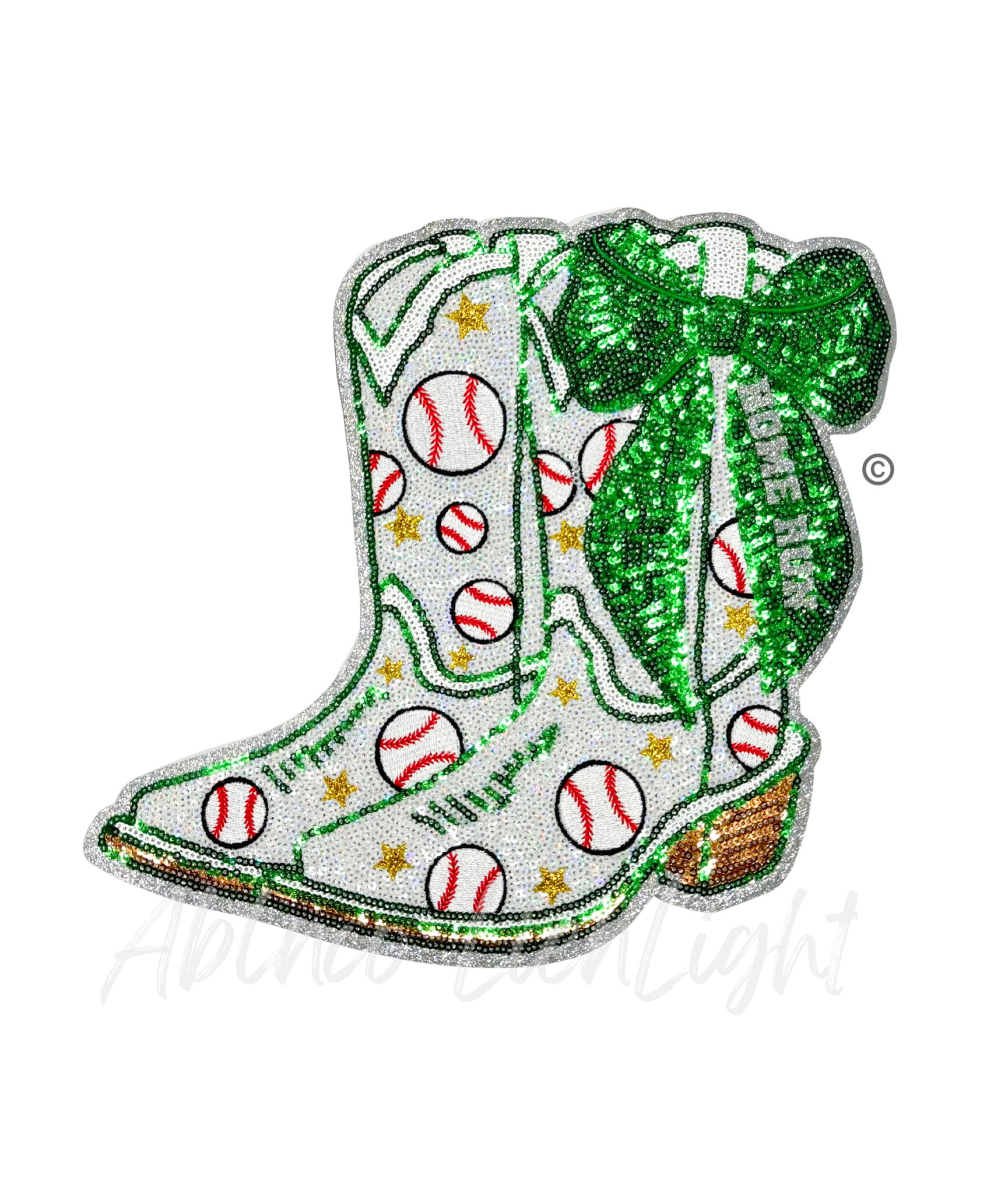 Baseball Homerun Green Bow Boots Sequin Patch - Large