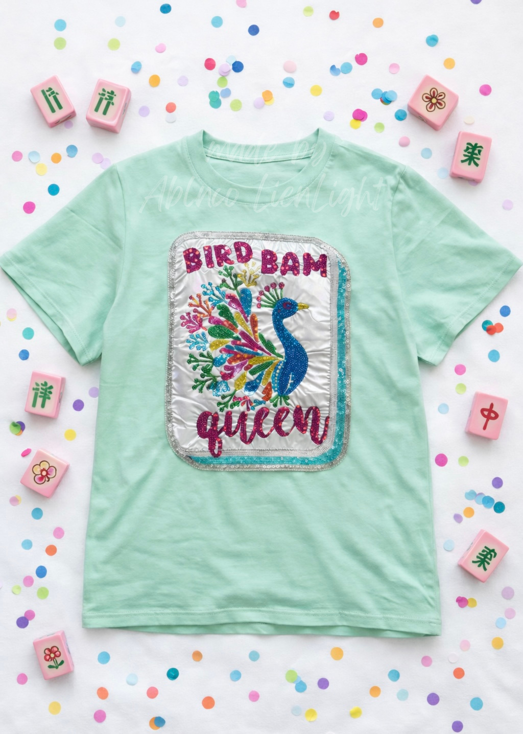 Mahjong Bird Bam Queen Beaded Real Sequins Mint Tshirt