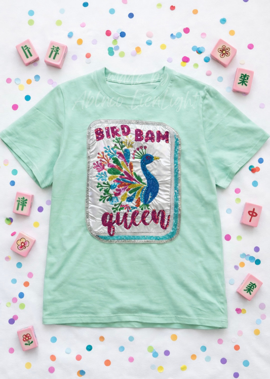 Mahjong Bird Bam Queen Beaded Real Sequins Mint Tshirt ( Preorder 3/20 arrival )