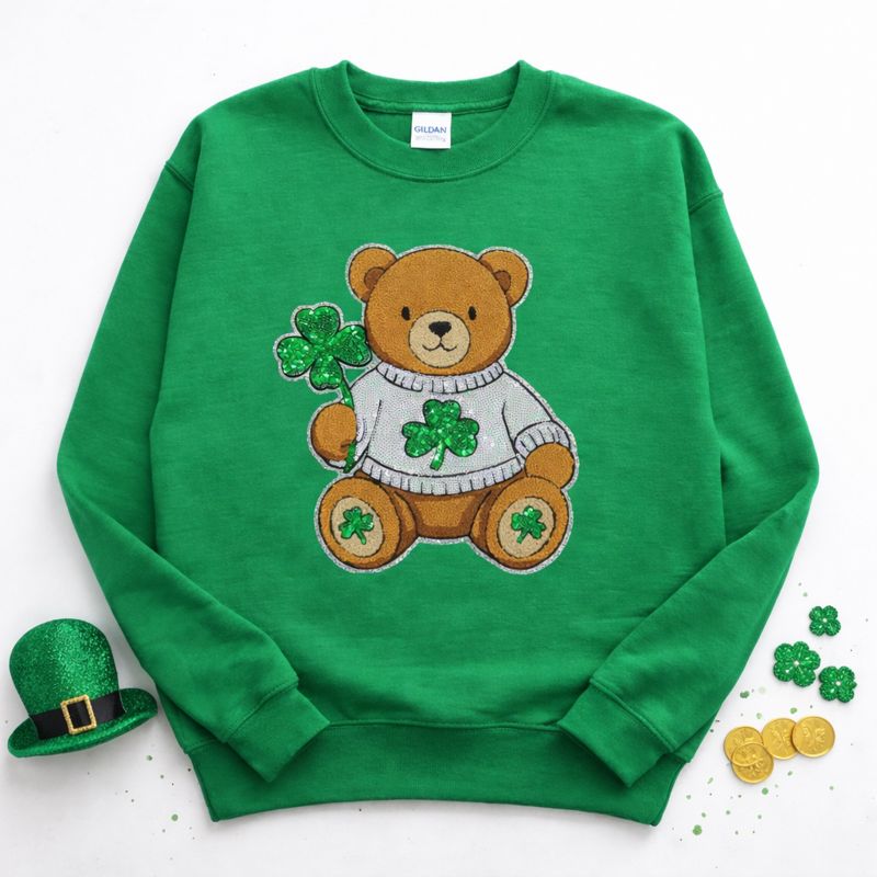 Shamrock Bear St Patricks Day Chenille Sequin Patch Sweatshirt