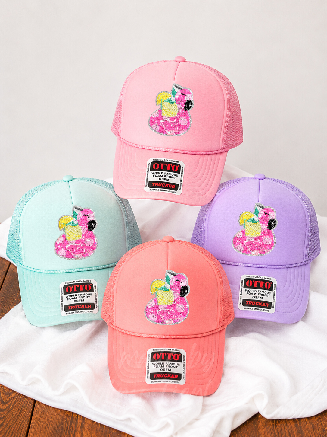 Sequin Flamingo Float Summer Patch Otto Trucker Hat