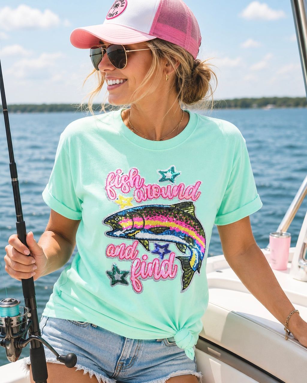 Fish Around And Find Trout Summer Sequin Patch Tshirt