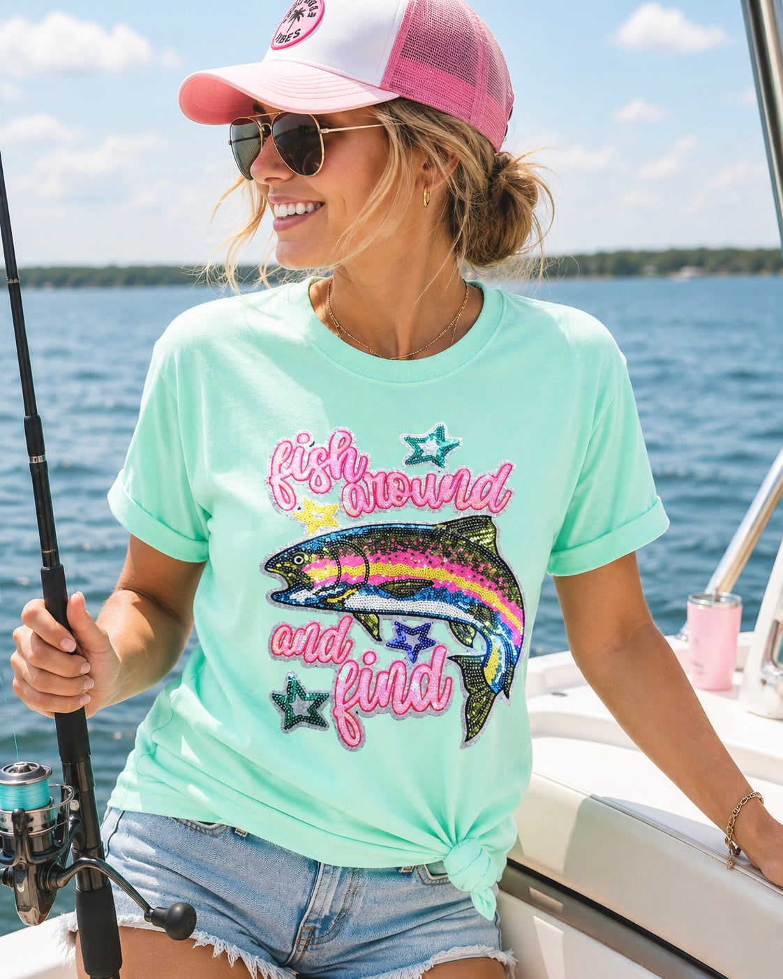 Fish Around And Find Trout Summer Sequin Patch Tshirt