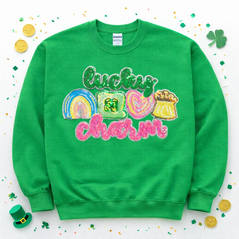 Lucky Charm St Patricks Day Sequin Patch Sweatshirt
