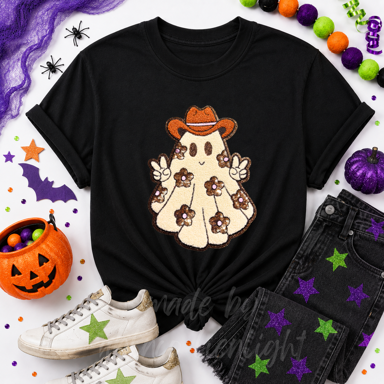 Floral Ghost Halloween Sequin Patch Tshirt