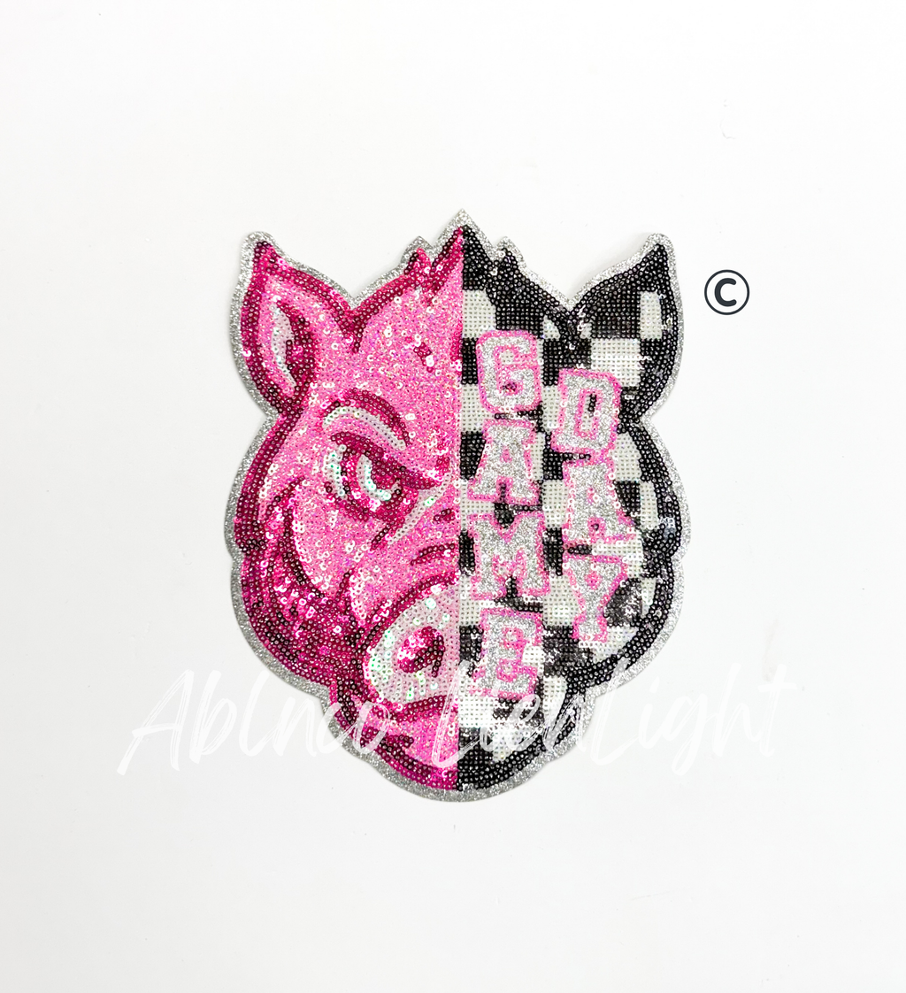 Hog Mascot Pink Checkered Sequin Patch - Large