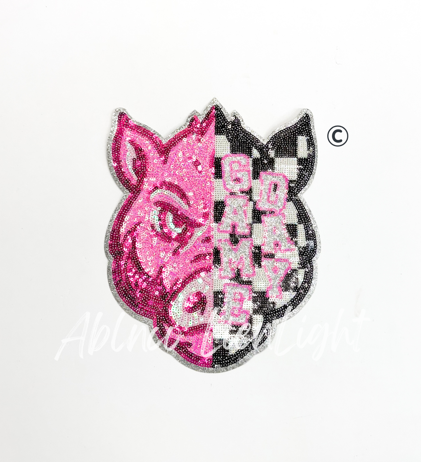 Preppy Pink Checkered Hog Mascot Game Day Sequin Patch