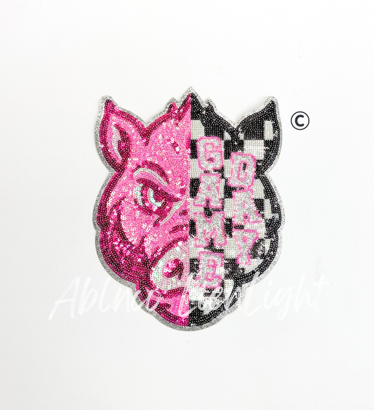 Preppy Pink Checkered Hog Mascot Game Day Sequin Patch