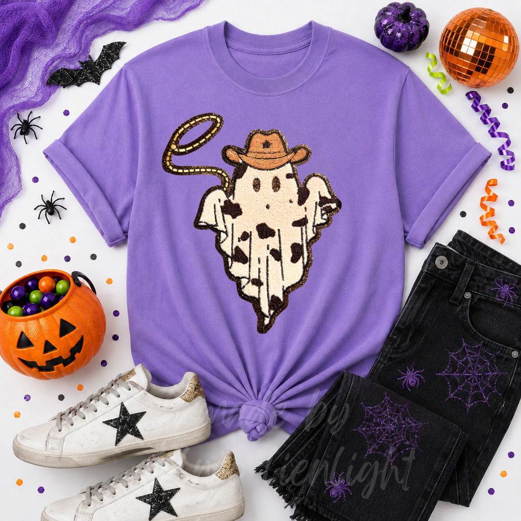 Cowboy Rope Ghost Halloween Sequin Patch Tshirt