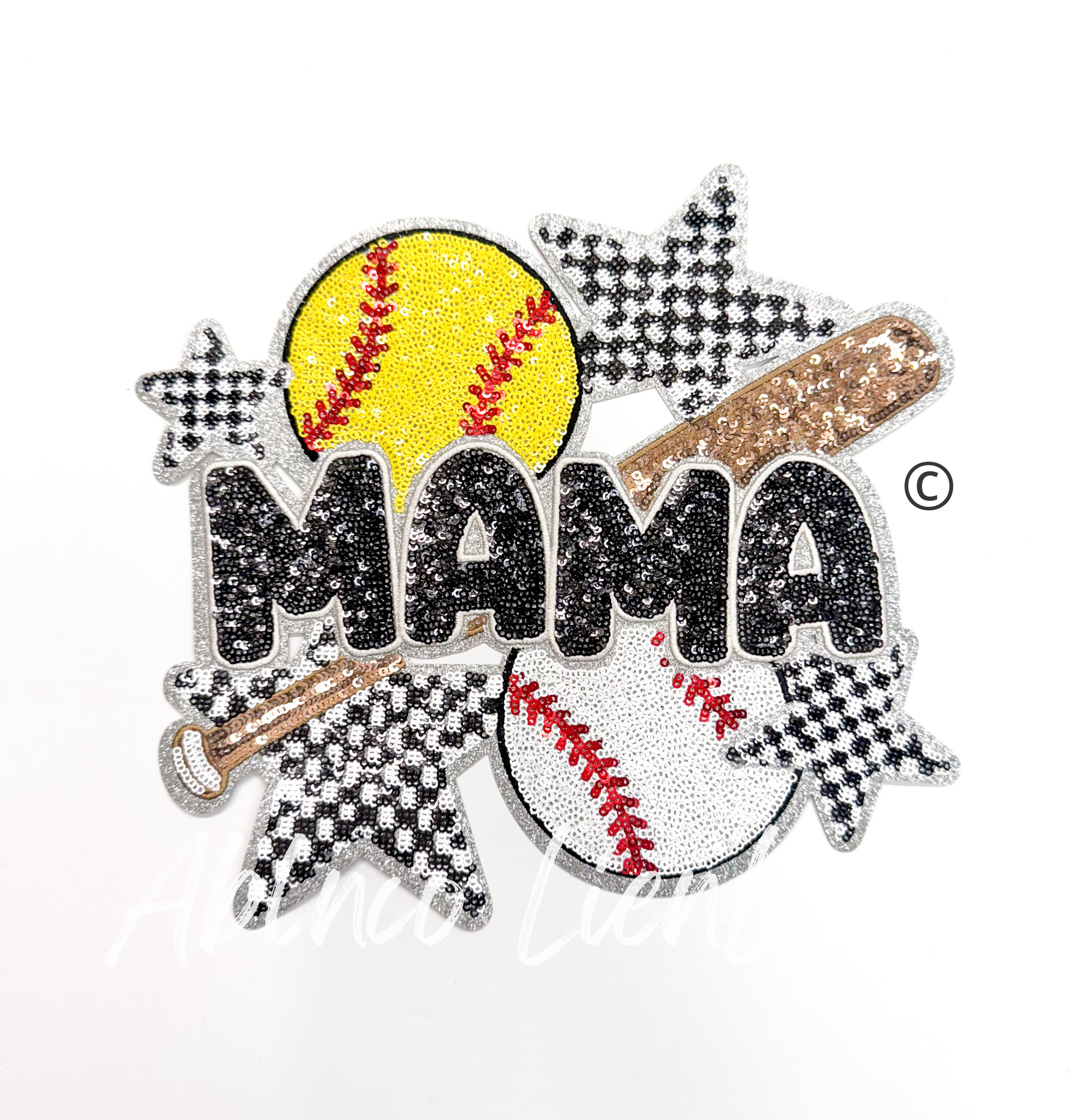 Baseball Softball Mama Checkered Star Sequin Patch - Large