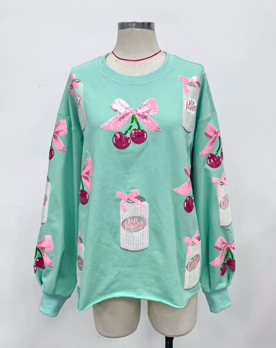 Sparkles Sequins Dr. Pepper Cherries Pink Bow Mint Sweatshirt