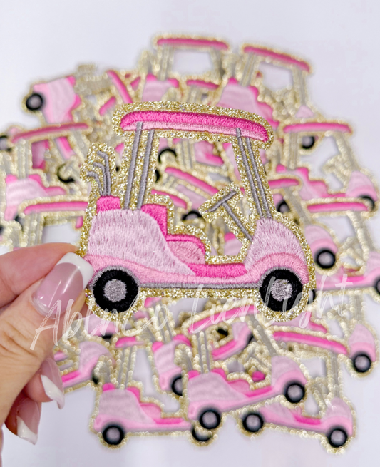 3” Preppy Pink Golf Cart Glitter Embroidery Patch