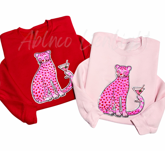 Pink Heart Martini Leopard Valentines Day Sequins Patch Sweatshirt