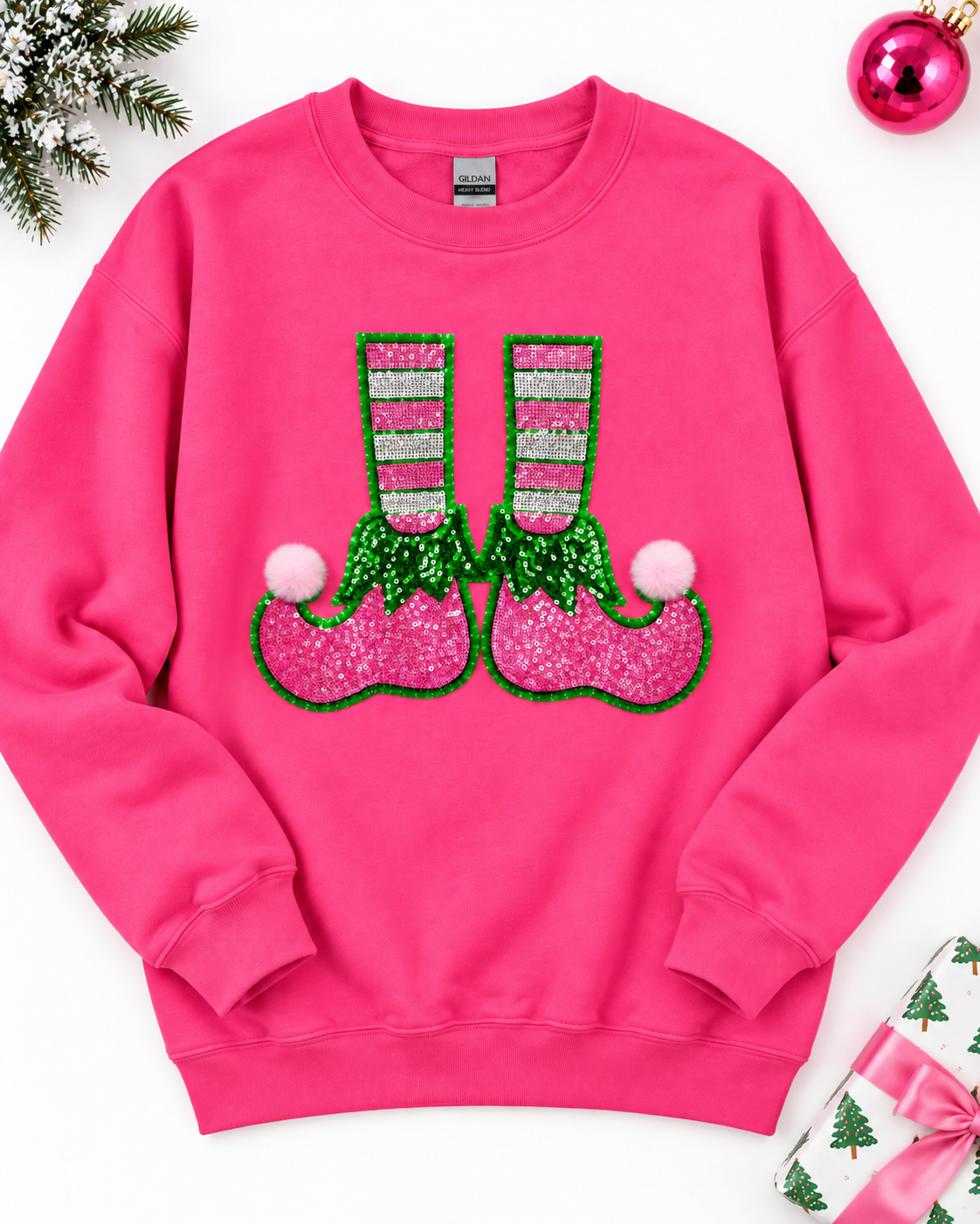 Elf Shoes Fuzzy Poof Ball Christmas Sequin Patch Sweatshirt