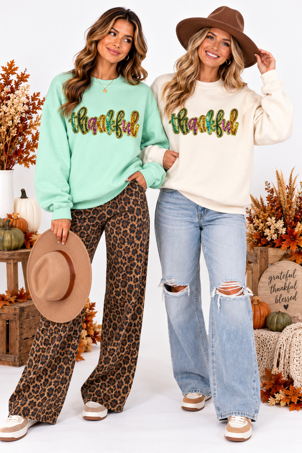 Colorful Thankful Thanksgiving Fall Sequin Patch Full Length Sweatshirt