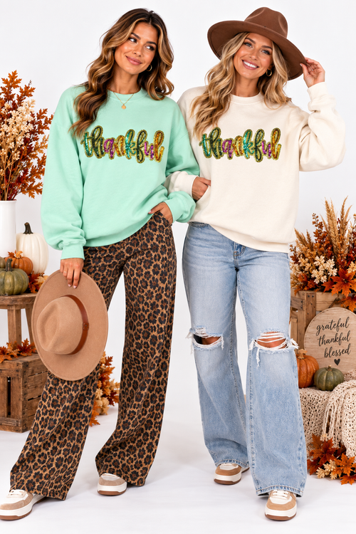 Colorful Thankful Thanksgiving Fall Sequin Patch Full Length Sweatshirt