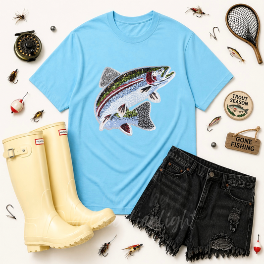 Rainbow Trout Fishing Sequin Patch Tshirt