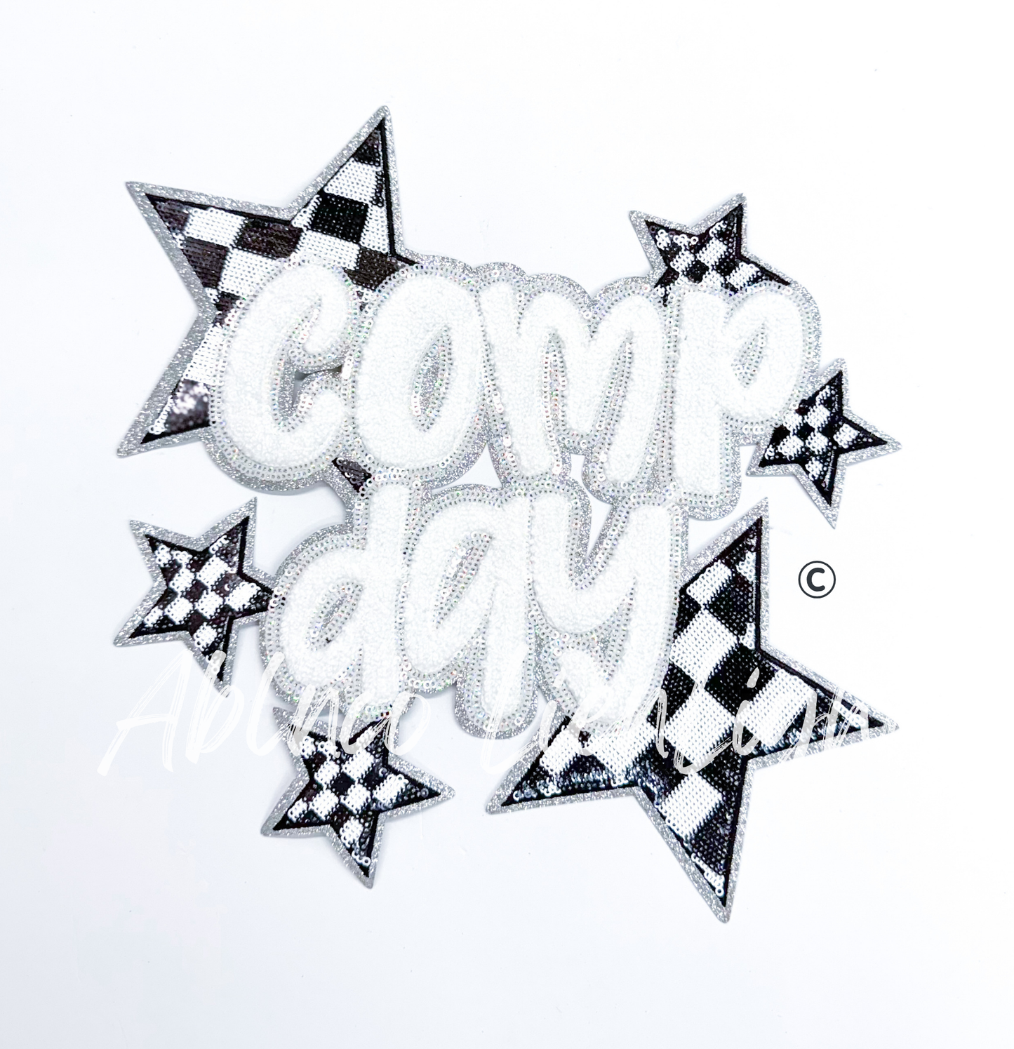 White Comp Day Checkered Star Sequin Chenille Patch - Large