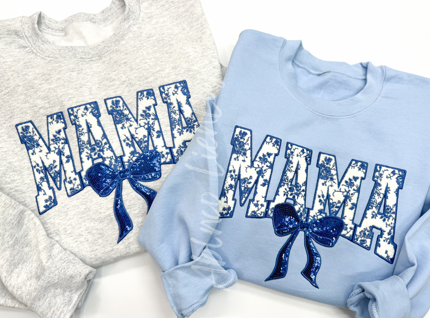 Blue Floral Mama Bow Sequins Sweatshirt