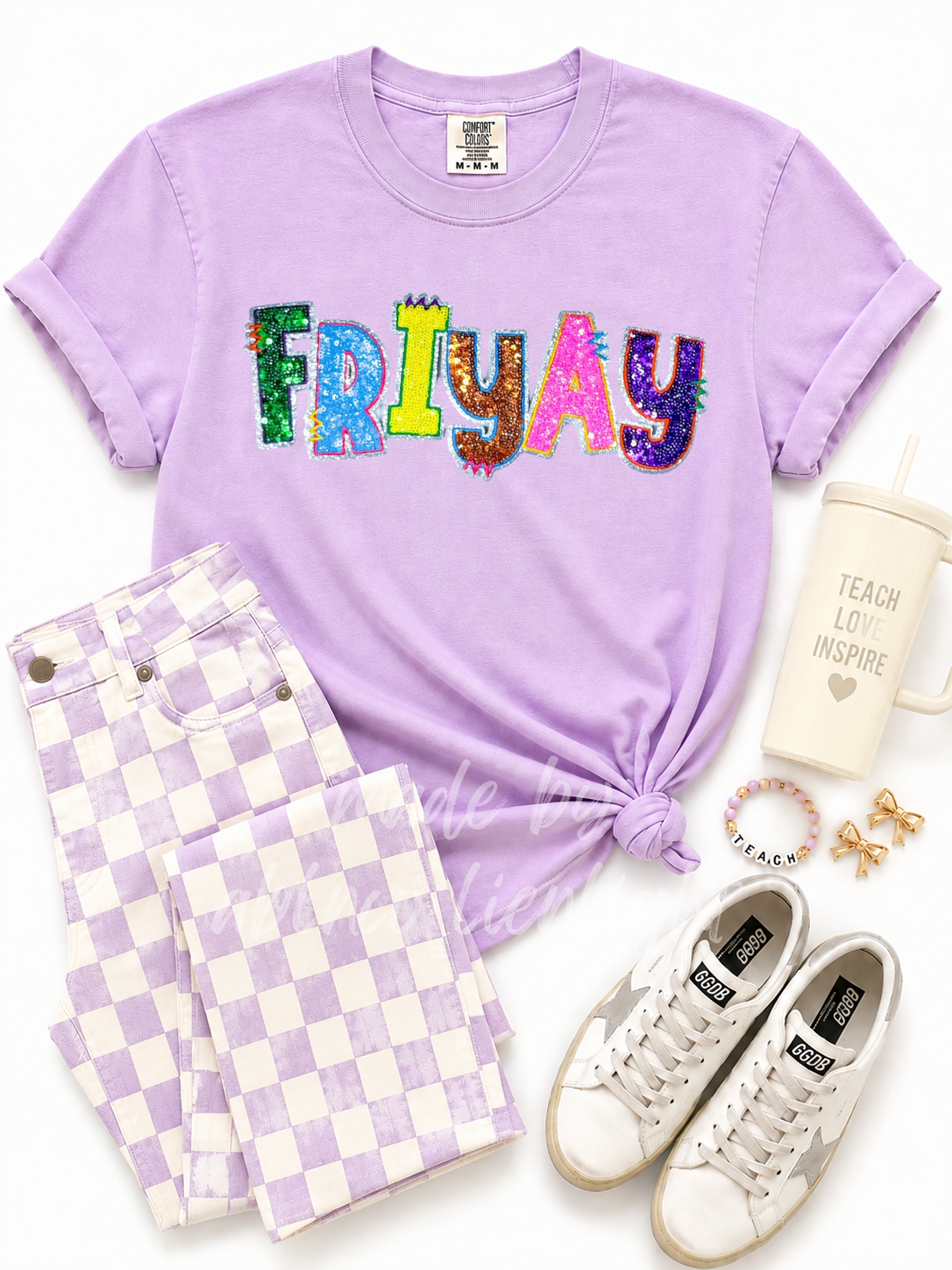 Colorful Friyay Teacher Sequin Patch Tshirt