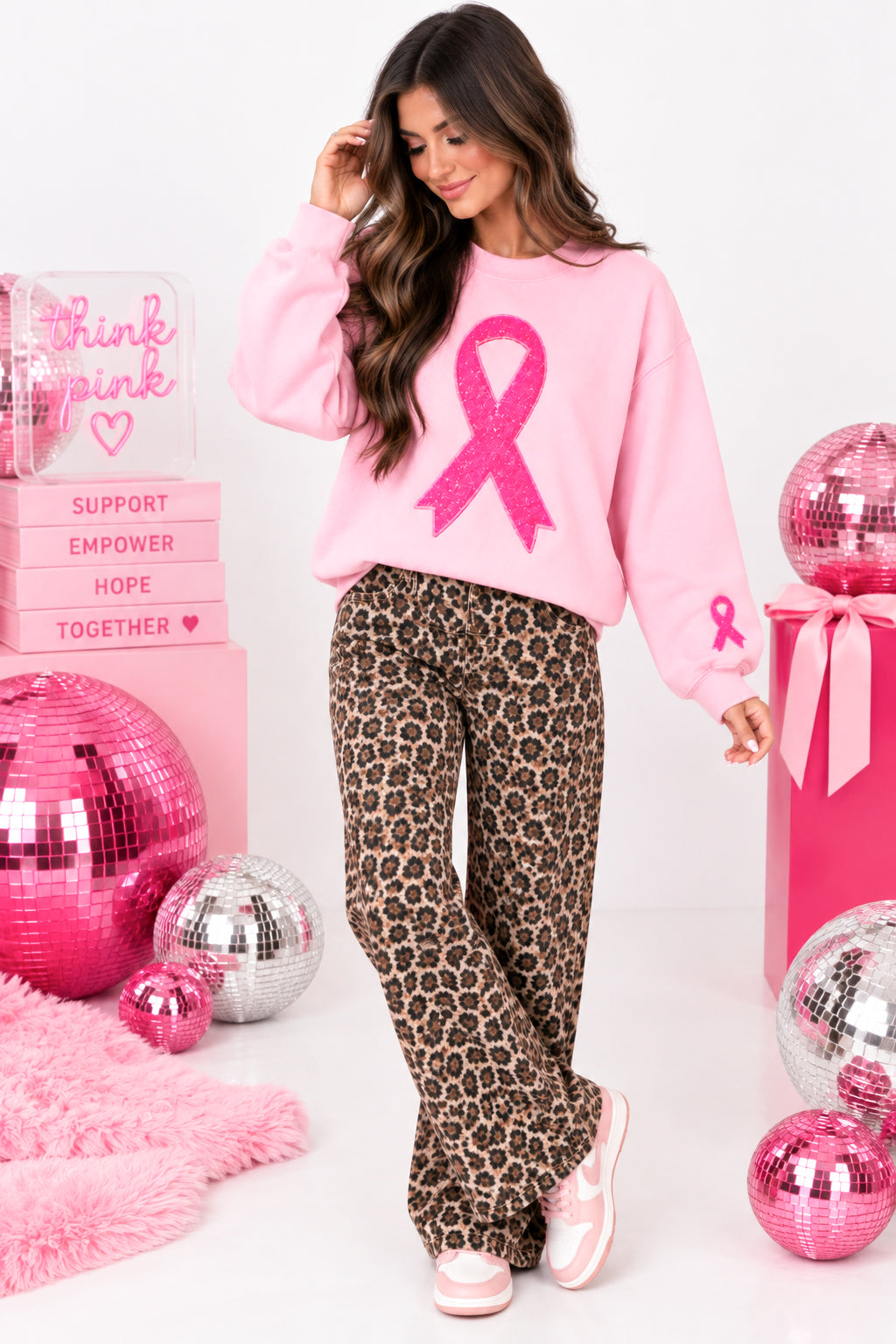 Pink Breast Cancer Ribbon Sequin Patch Sweatshirt