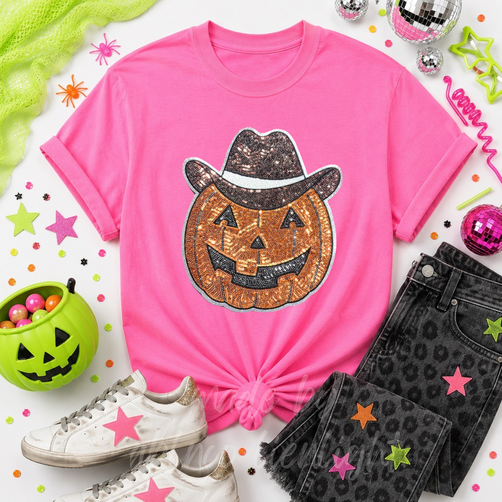 Cowboy Pumpkin Halloween Sequin Patch Tshirt