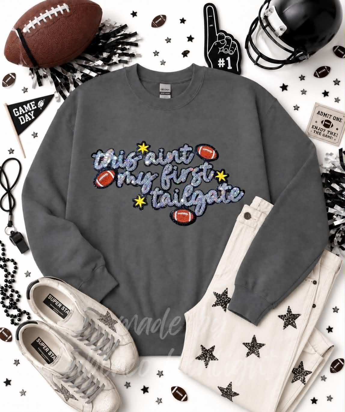 This Ain't My First Tailgate Football Sequin Patch Sweatshirt