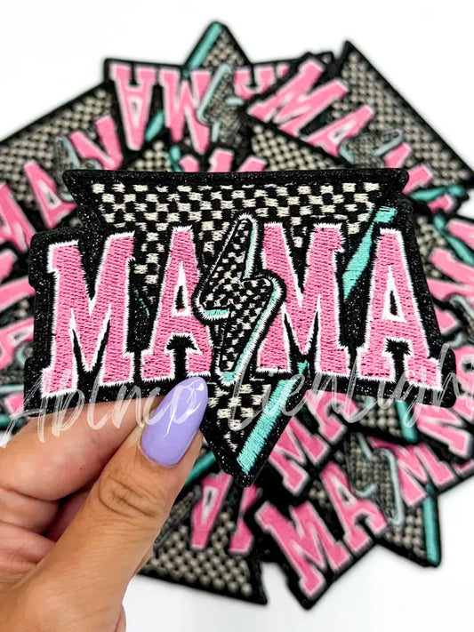 Mama Pink Turquoise Checkered Bolt Embroidery Patch